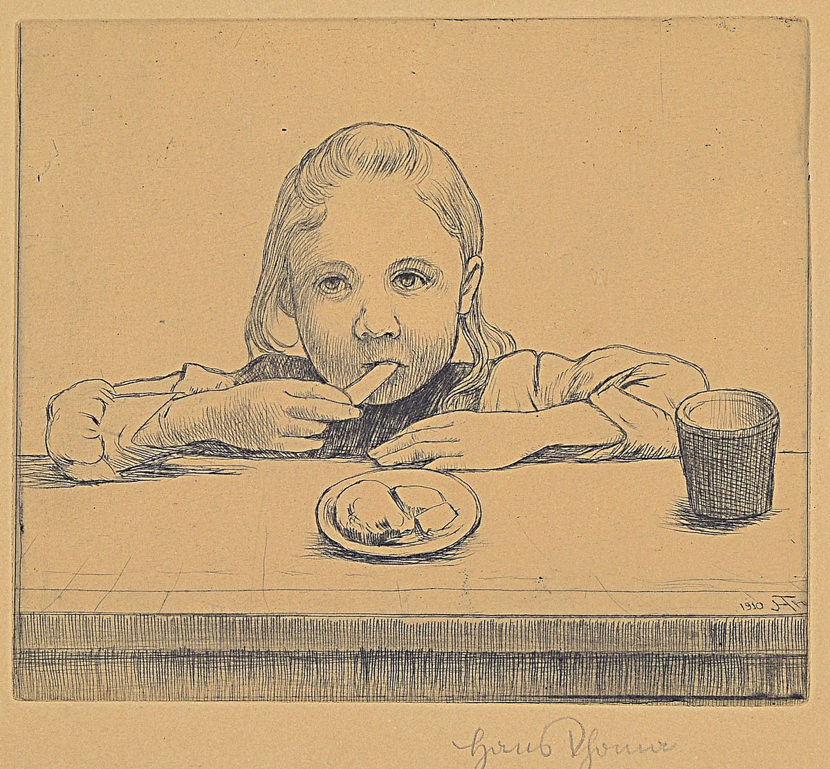 Detail a: Hans Thoma, 1839 Bernau-1924 Karlsruhe, 4 Radierungen, Mädchen beim Essen, ca. 18x21cm, R. ca. 35x36cm; Frau im Wind, ca. 17x21cm, R. ca. 36x38cm; ...