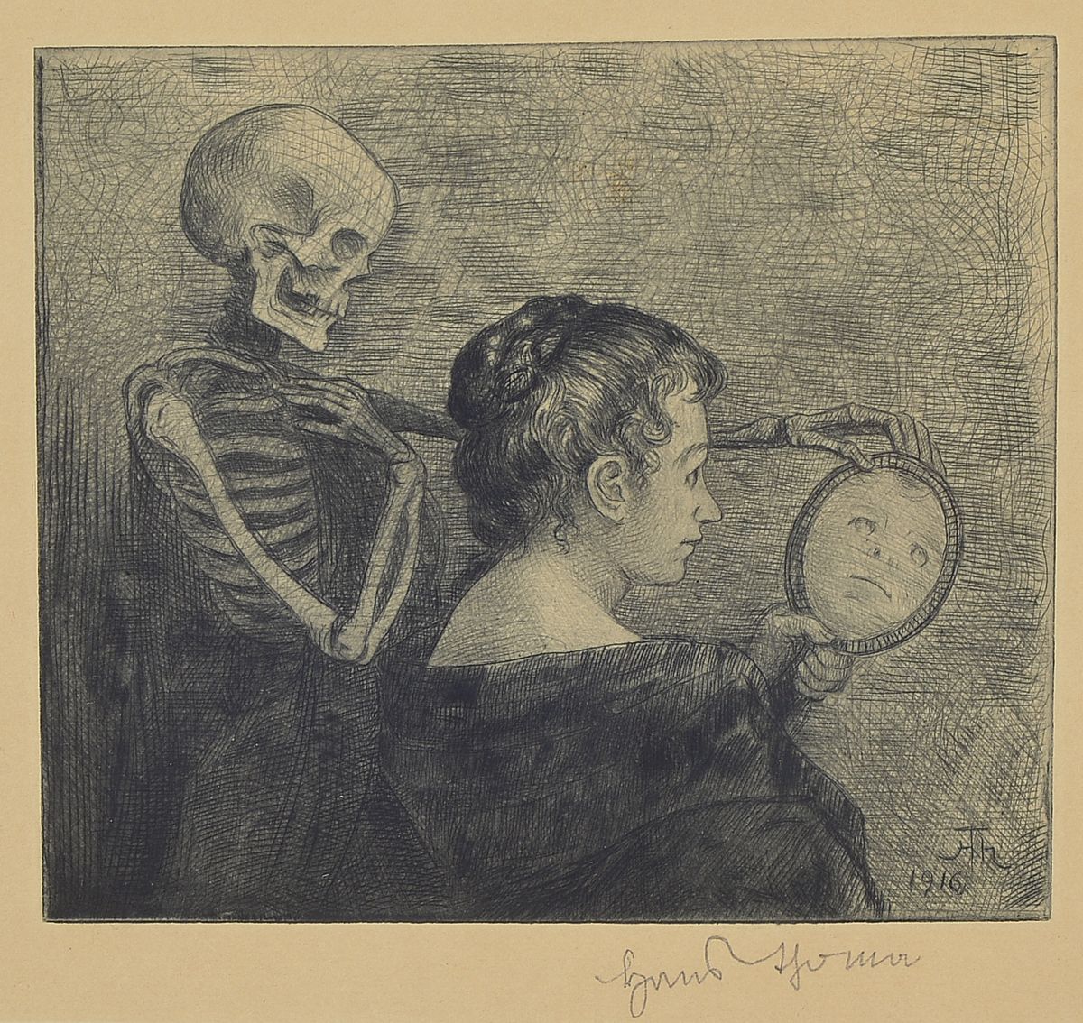 Detail b: Hans Thoma, 1839 Bernau-1924 Karlsruhe, 4 Radierungen, Mädchen beim Essen, ca. 18x21cm, R. ca. 35x36cm; Frau im Wind, ca. 17x21cm, R. ca. 36x38cm; ...