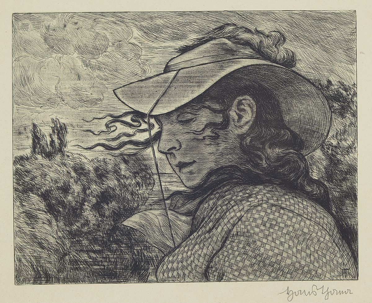 Detail c: Hans Thoma, 1839 Bernau-1924 Karlsruhe, 4 Radierungen, Mädchen beim Essen, ca. 18x21cm, R. ca. 35x36cm; Frau im Wind, ca. 17x21cm, R. ca. 36x38cm; ...