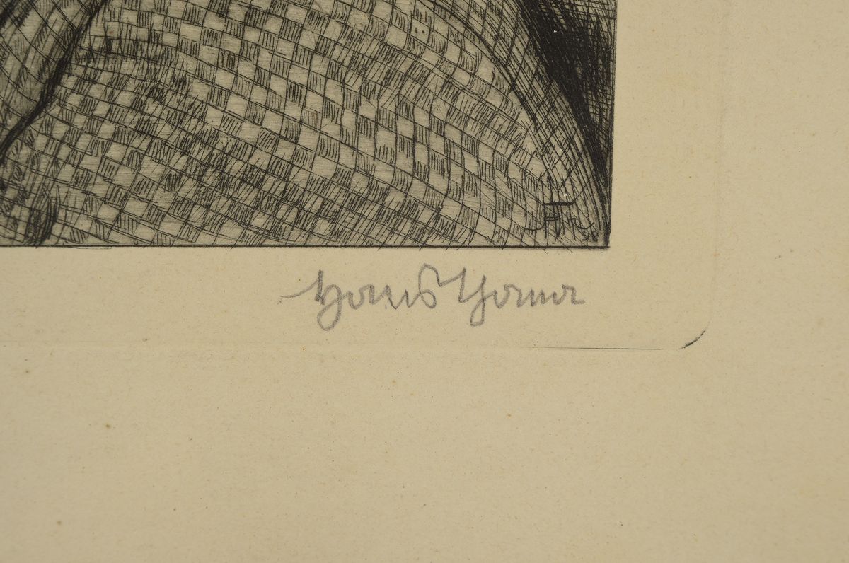 Detail d: Hans Thoma, 1839 Bernau-1924 Karlsruhe, 4 Radierungen, Mädchen beim Essen, ca. 18x21cm, R. ca. 35x36cm; Frau im Wind, ca. 17x21cm, R. ca. 36x38cm; ...