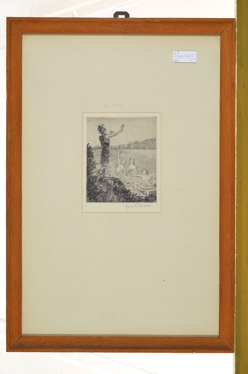 Detail k: Hans Thoma, 1839 Bernau-1924 Karlsruhe, 4 Radierungen, Mädchen beim Essen, ca. 18x21cm, R. ca. 35x36cm; Frau im Wind, ca. 17x21cm, R. ca. 36x38cm; ...