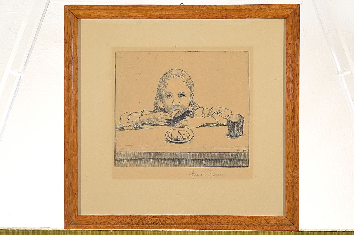 Detail l: Hans Thoma, 1839 Bernau-1924 Karlsruhe, 4 Radierungen, Mädchen beim Essen, ca. 18x21cm, R. ca. 35x36cm; Frau im Wind, ca. 17x21cm, R. ca. 36x38cm; ...