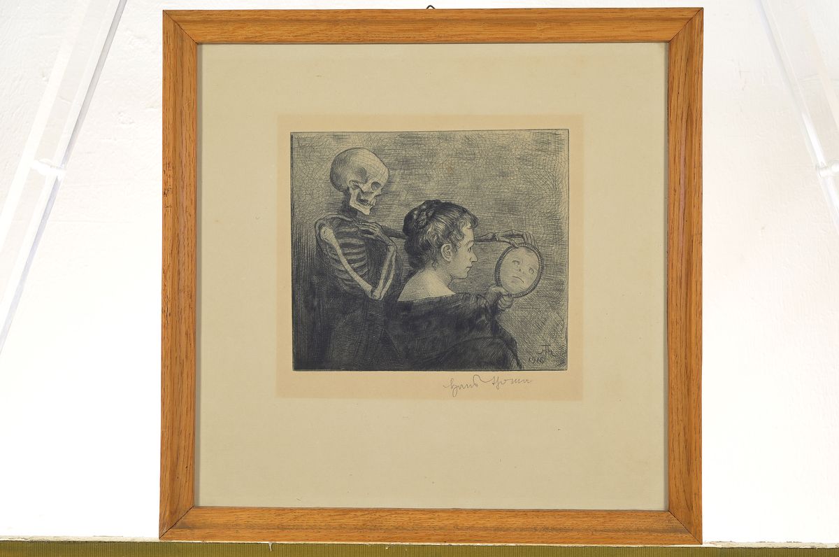 Detail m: Hans Thoma, 1839 Bernau-1924 Karlsruhe, 4 Radierungen, Mädchen beim Essen, ca. 18x21cm, R. ca. 35x36cm; Frau im Wind, ca. 17x21cm, R. ca. 36x38cm; ...