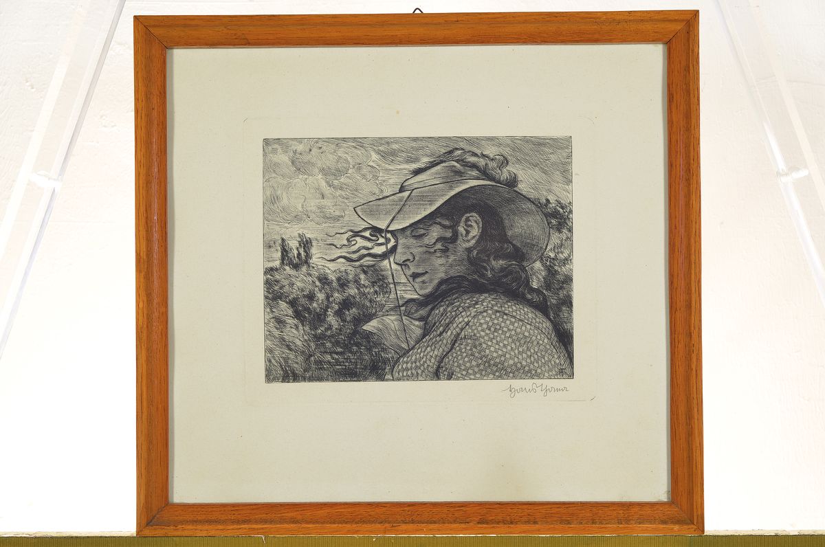 Detail n: Hans Thoma, 1839 Bernau-1924 Karlsruhe, 4 Radierungen, Mädchen beim Essen, ca. 18x21cm, R. ca. 35x36cm; Frau im Wind, ca. 17x21cm, R. ca. 36x38cm; ...