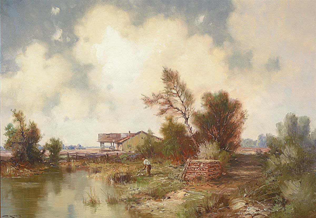 Günter König, 1926-2006, Studium an der Akademie Düsseldorf, Meisterschüler von Prof. Hahn, hier: Wolken über einem Bauernhof mit Weiher, ...