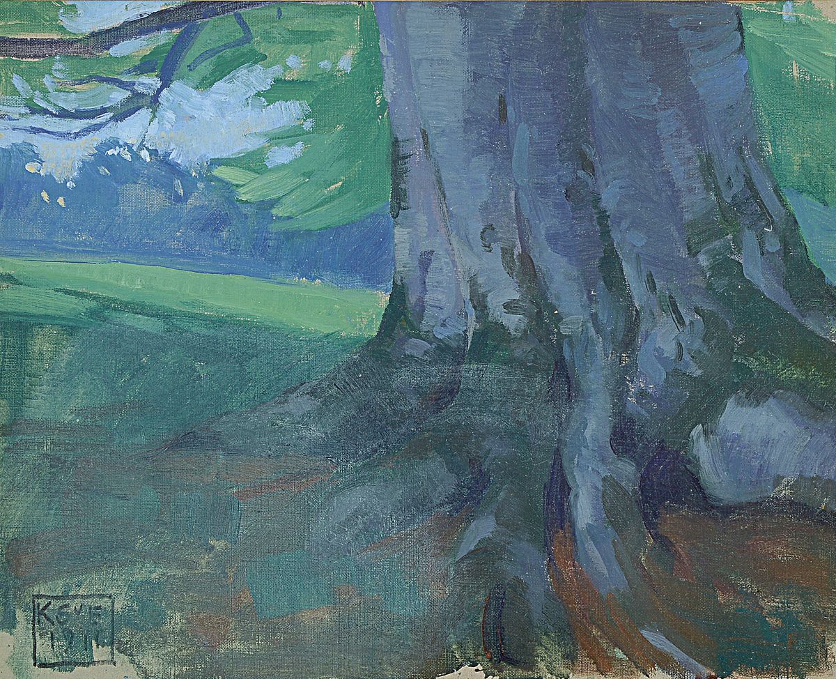 Karl Schmoll von Eisenwerth, 1879 Wien - 1948, Landschaft mit Blick auf eine Lichtung und mächtigem Baum im Vordergrund, li. u. monogrammiert und ...