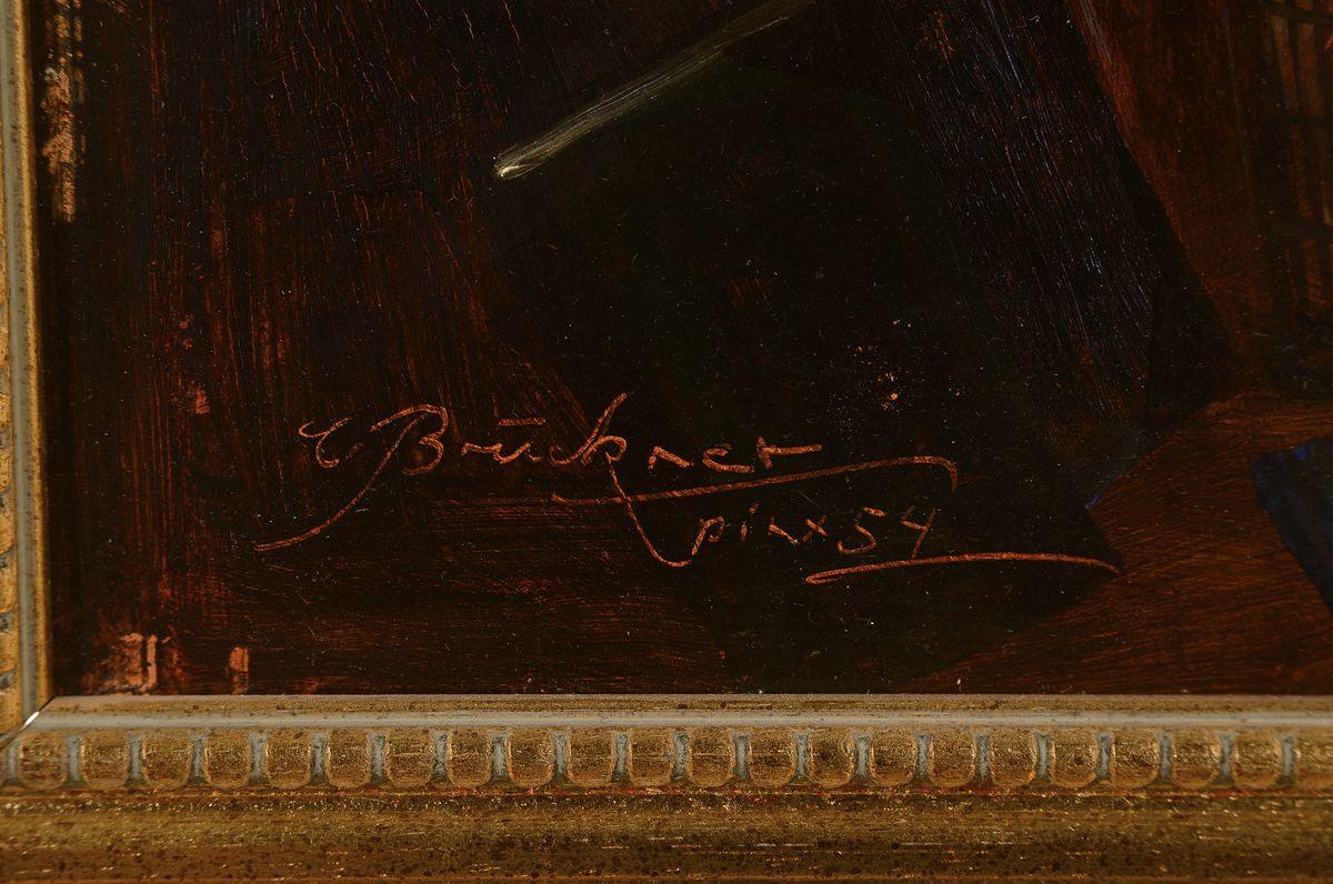 Detail a: Curt Brückner, 1896-1956 Berlin, Der Briefmarkensammler in der Stube, Öl/Hartfaser, signiert und dat. 54, ca. 50x40cm, R. ca. 64x54cm