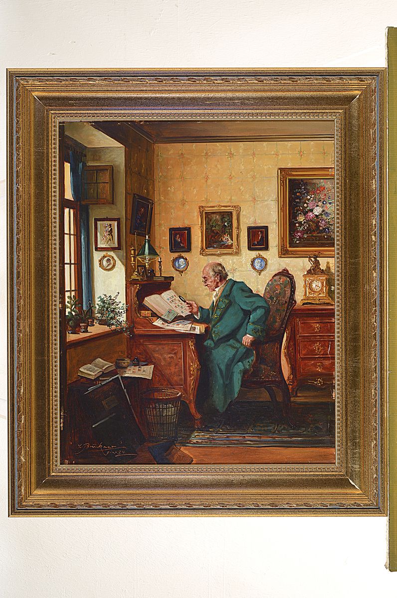 Detail k: Curt Brückner, 1896-1956 Berlin, Der Briefmarkensammler in der Stube, Öl/Hartfaser, signiert und dat. 54, ca. 50x40cm, R. ca. 64x54cm