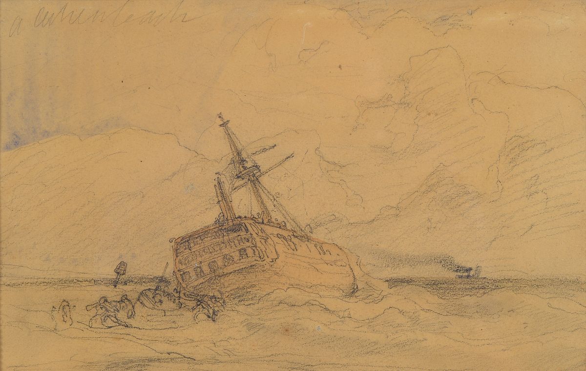 Andreas Achenbach, 1815-1910, Schiffswrack am Ufer, Bleistiftzeichnung, koloriert, links oben signiert, ca. 16x25cm, u.Gl., R.