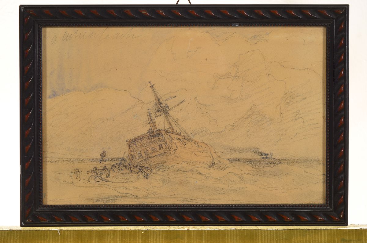 Detail k: Andreas Achenbach, 1815-1910, Schiffswrack am Ufer, Bleistiftzeichnung, koloriert, links oben signiert, ca. 16x25cm, u.Gl., R.
