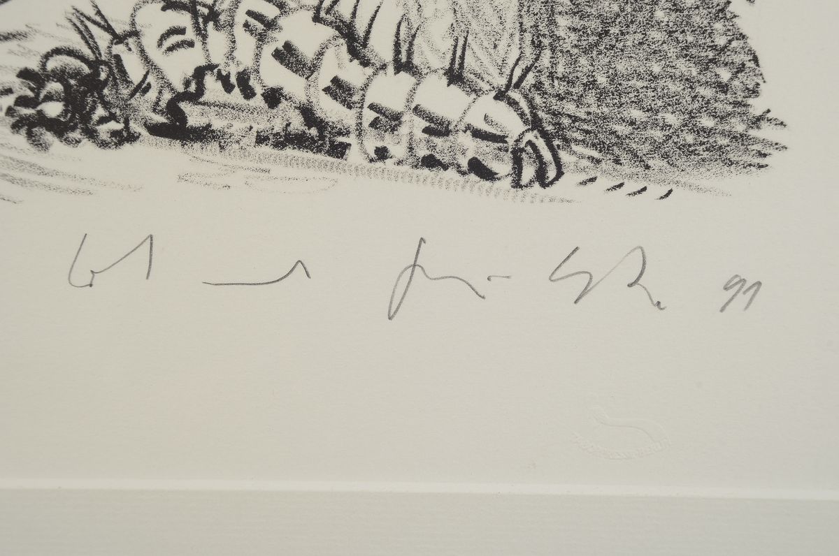 Detail c: Johannes Grützke, 1937-2017, Selbstbildnis, Lithographie, handsigniert, num. 12/100, ca. 50x42cm, u.Gl., R. ca. 85x70cm