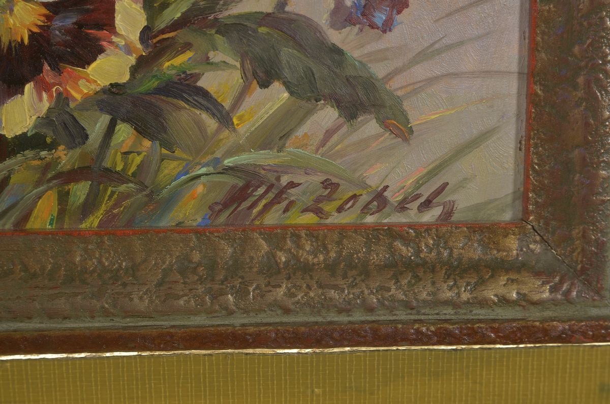 Detail a: Alfons Zobel, 1889 Hagenbach - 19710 Kaiserslautern, Viola, Öl/Malkarton, re. u. signiert, ca. 18x 24 cm, ca. 21 x 28 cm