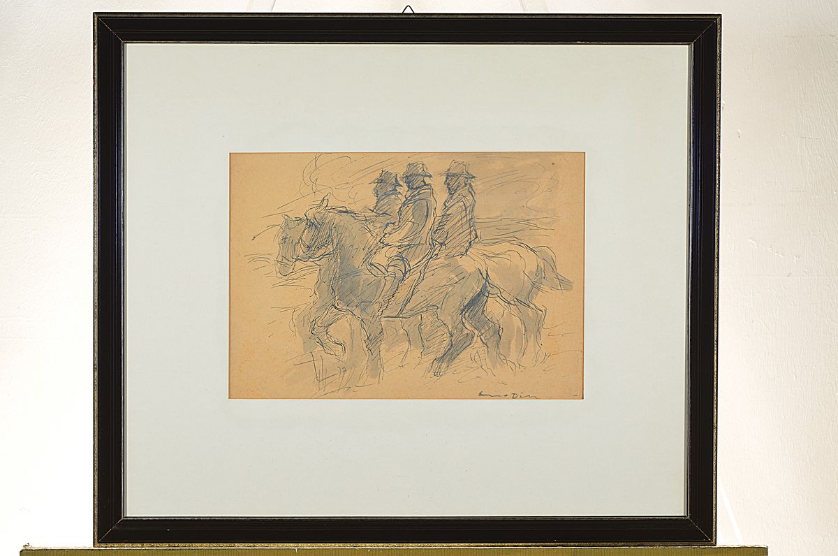 Detail k: Otto Dill, 1884 Neustadt - 1957 Bad Dürkheim, drei Reiter zu Pferd, aquarellierte Zeichnung, re. unten signiert, Papier, unter Glas, Rahmen, PP.: ...