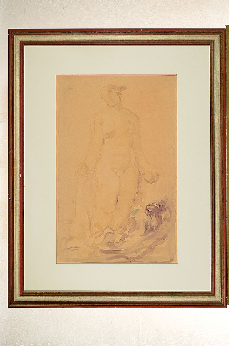 Detail k: Hanns Fay, 1888 Frankenthal - 1957 Neustadt, Aquarell und zwei Skizzen: Frauenakt, Aquarell, re. unten schwache Signatur, ca. 52 x 33 cm, unter Glas, ...