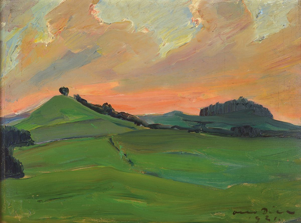 Otto Dill, 1884 Neustadt - 1957 Bad Dürkheim, Ölstudie, Öl/Malkarton, re. u. signiert und dat. 1921, Hügellandschaft bei Sonnenuntergang, ca. 39 ...