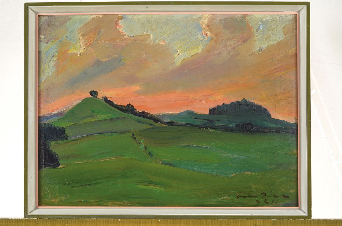 Detail k: Otto Dill, 1884 Neustadt - 1957 Bad Dürkheim, Ölstudie, Öl/Malkarton, re. u. signiert und dat. 1921, Hügellandschaft bei Sonnenuntergang, ca. 39 ...