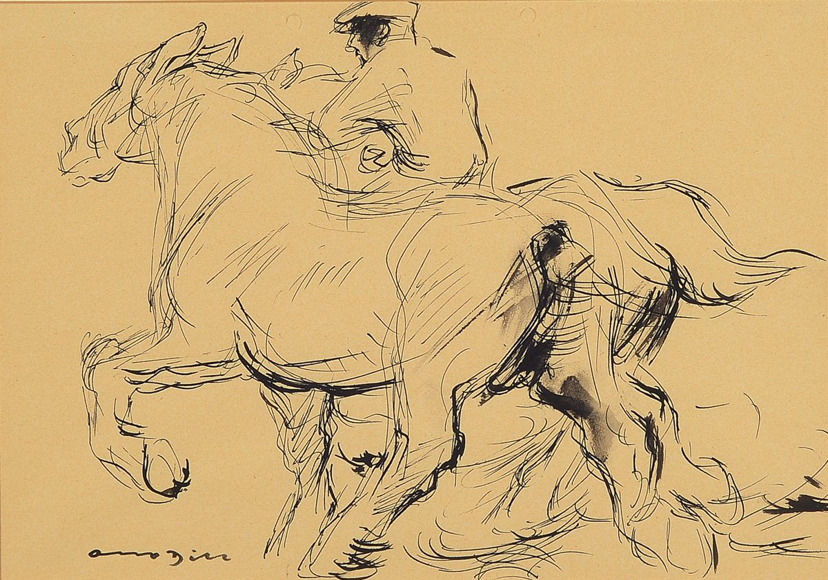 Otto Dill, 1884 Neustadt/Wstr. - 1957 Bad Dürkheim, Bauer mit zwei Pferden, Tuschezeichnung, li. unten signiert, ca. 20 x 29 cm, unter Glas, Rahmen