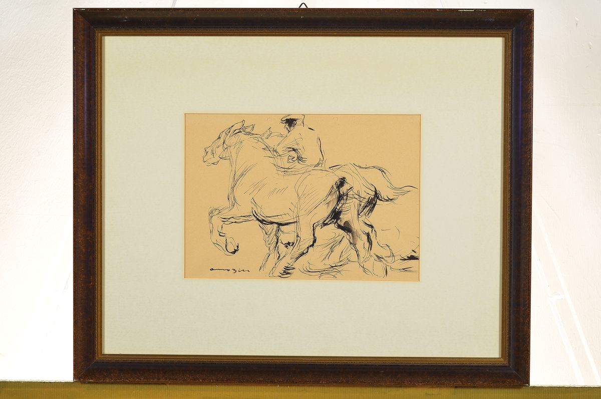 Detail k: Otto Dill, 1884 Neustadt/Wstr. - 1957 Bad Dürkheim, Bauer mit zwei Pferden, Tuschezeichnung, li. unten signiert, ca. 20 x 29 cm, unter Glas, Rahmen