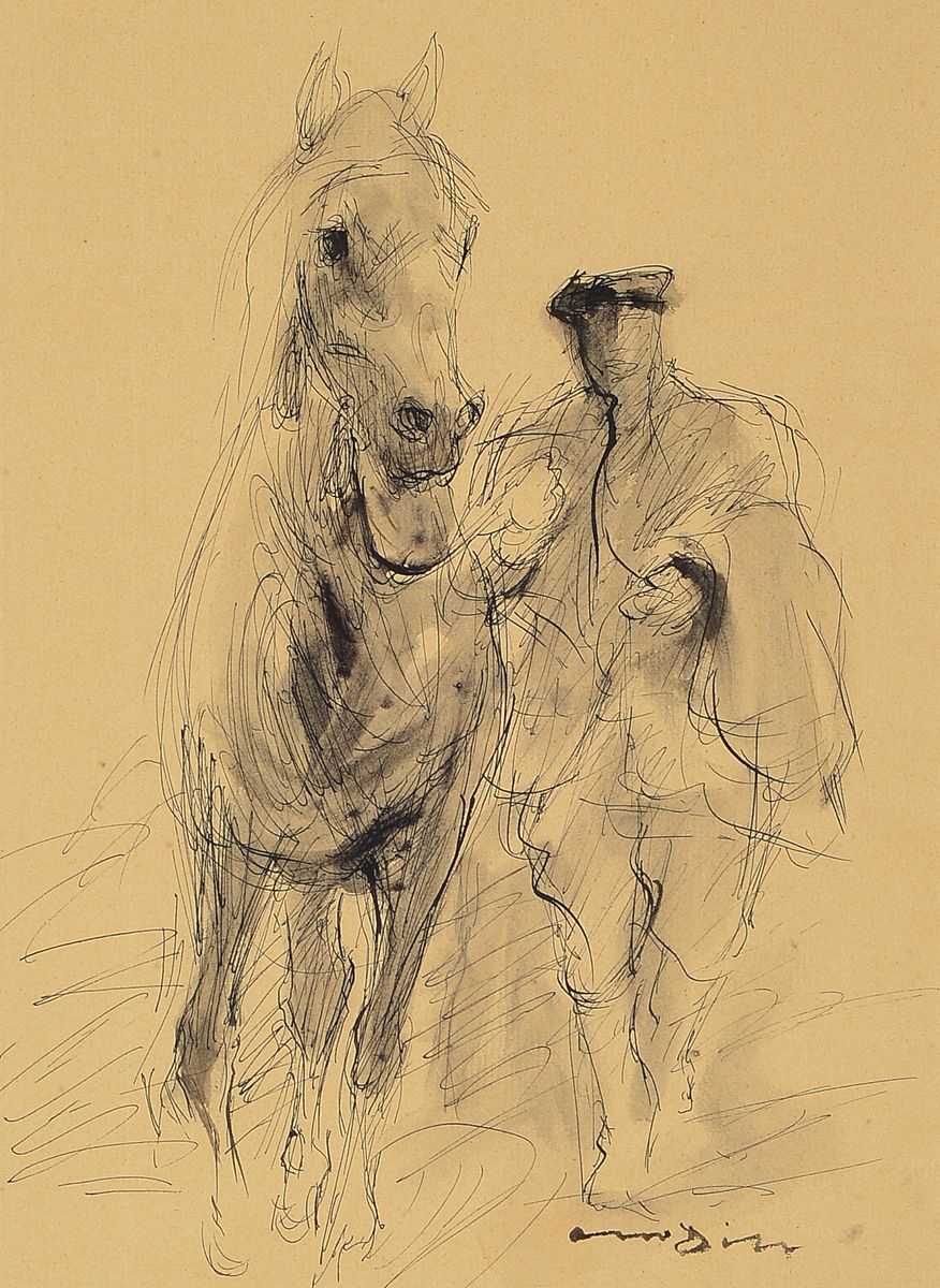 Otto Dill, 1884 Neustadt/Wstr - 1957 Bad Dürkheim, Pferdeführer, Tuschezeichnung aquarelliert, re. unten signiert, ca. 30 x 22 cm, Rahmen: 56.5 x ...