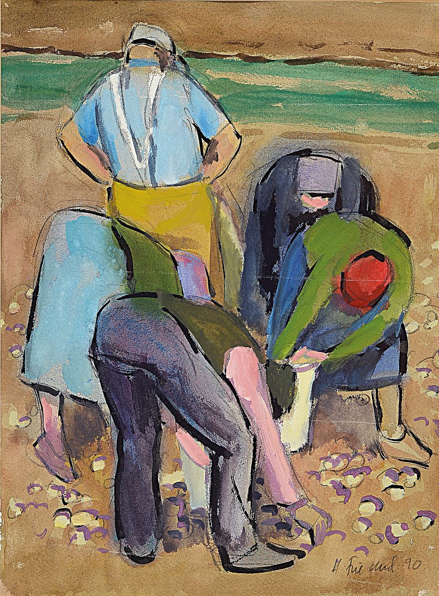 Heinz Friedrich, 1924 Schwetzingen - 2018, zwei Gouachen, Bauersleute bei der Ernte, Gouache auf Papier, re. u. signiert, 1 x dat. 90, ca. 46 x 34 cm ...