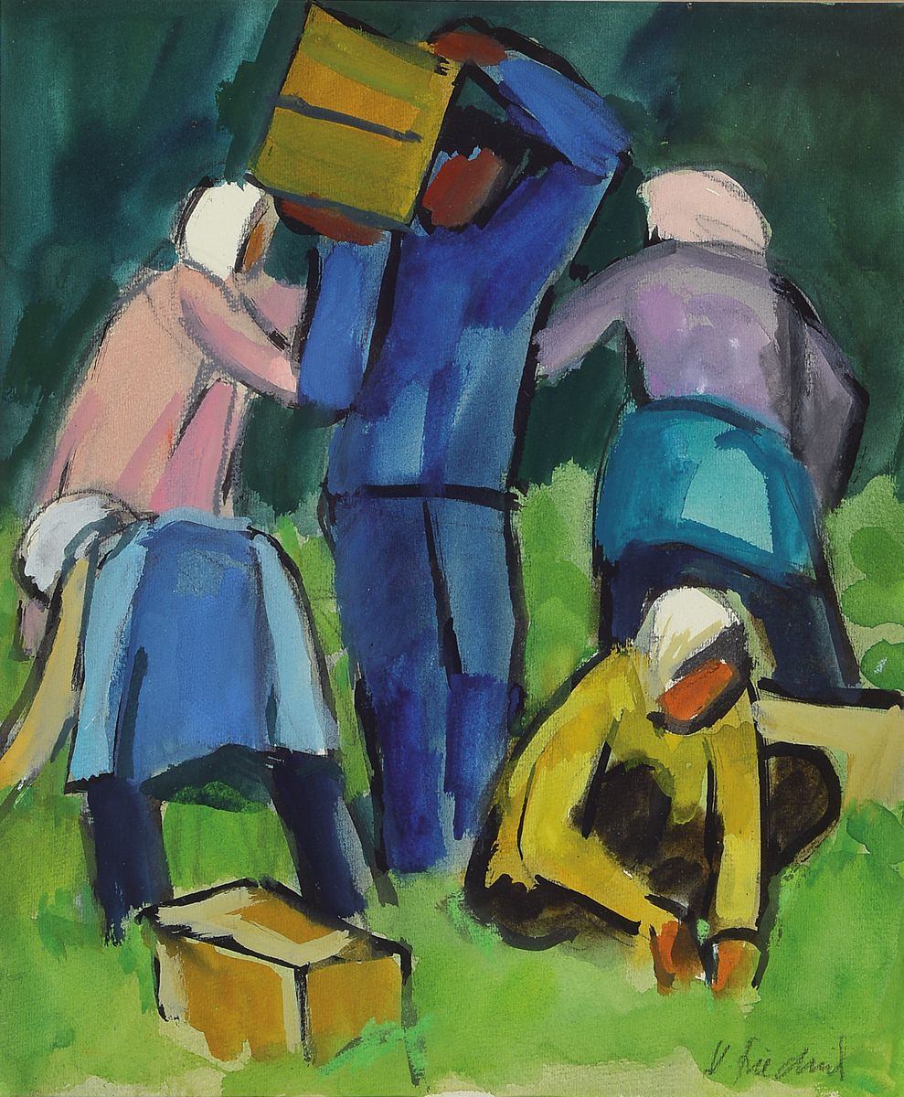 Detail c: Heinz Friedrich, 1924 Schwetzingen - 2018, zwei Gouachen, Bauersleute bei der Ernte, Gouache auf Papier, re. u. signiert, 1 x dat. 90, ca. 46 x 34 cm ...