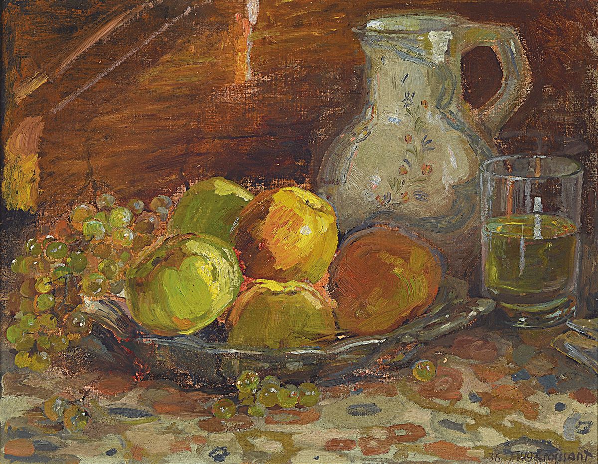 August Croissant 1870 Landau - 1941 Edenkoben, Stillleben mit Obst und Weinkrug, Öl/Lwd, signiert, verso bez., ca. 40 x 48 cm, Rahmen
