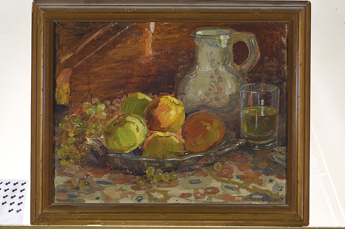Detail k: August Croissant 1870 Landau - 1941 Edenkoben, Stillleben mit Obst und Weinkrug, Öl/Lwd, signiert, verso bez., ca. 40 x 48 cm, Rahmen
