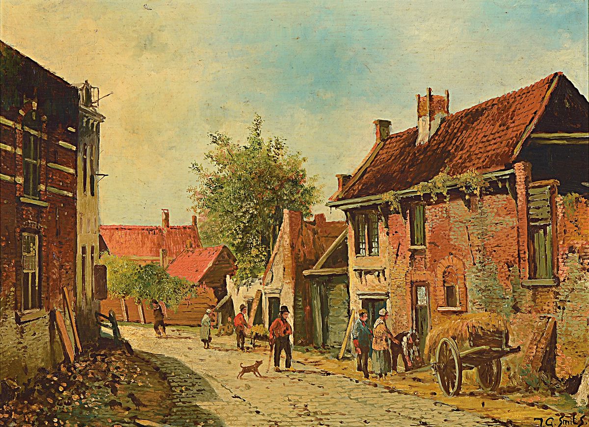 Jan Gerard Smits, 1823-1910, Holländische Stadtansicht, Öl/Holz, rechts unten signiert, ca. 35x47cm, R. ca. 53x65cm
