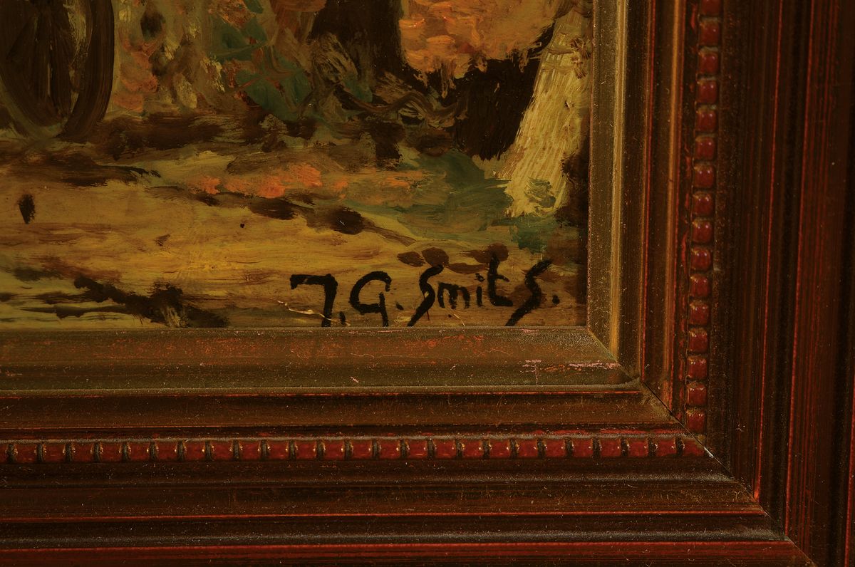 Detail a: Jan Gerard Smits, 1823-1910, Holländische Stadtansicht, Öl/Holz, rechts unten signiert, ca. 35x47cm, R. ca. 53x65cm