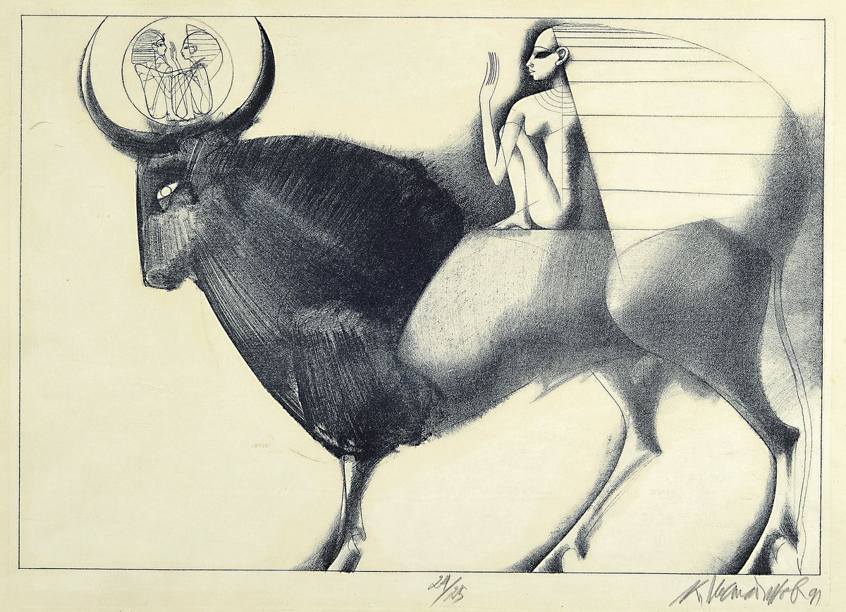 Paul Wunderlich,1927-2010, Stier mit Ägypterin, num. 24/25, Litho, handsigniert, ca. 34 x 48 cm, unter Glas, Rahmen, leicht gebräunt, ca. 37.5 x ...