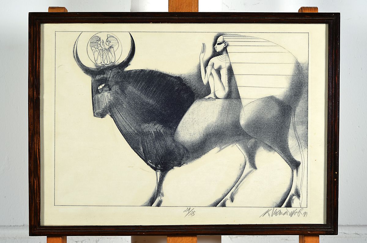 Detail k: Paul Wunderlich,1927-2010, Stier mit Ägypterin, num. 24/25, Litho, handsigniert, ca. 34 x 48 cm, unter Glas, Rahmen, leicht gebräunt, ca. 37.5 x ...