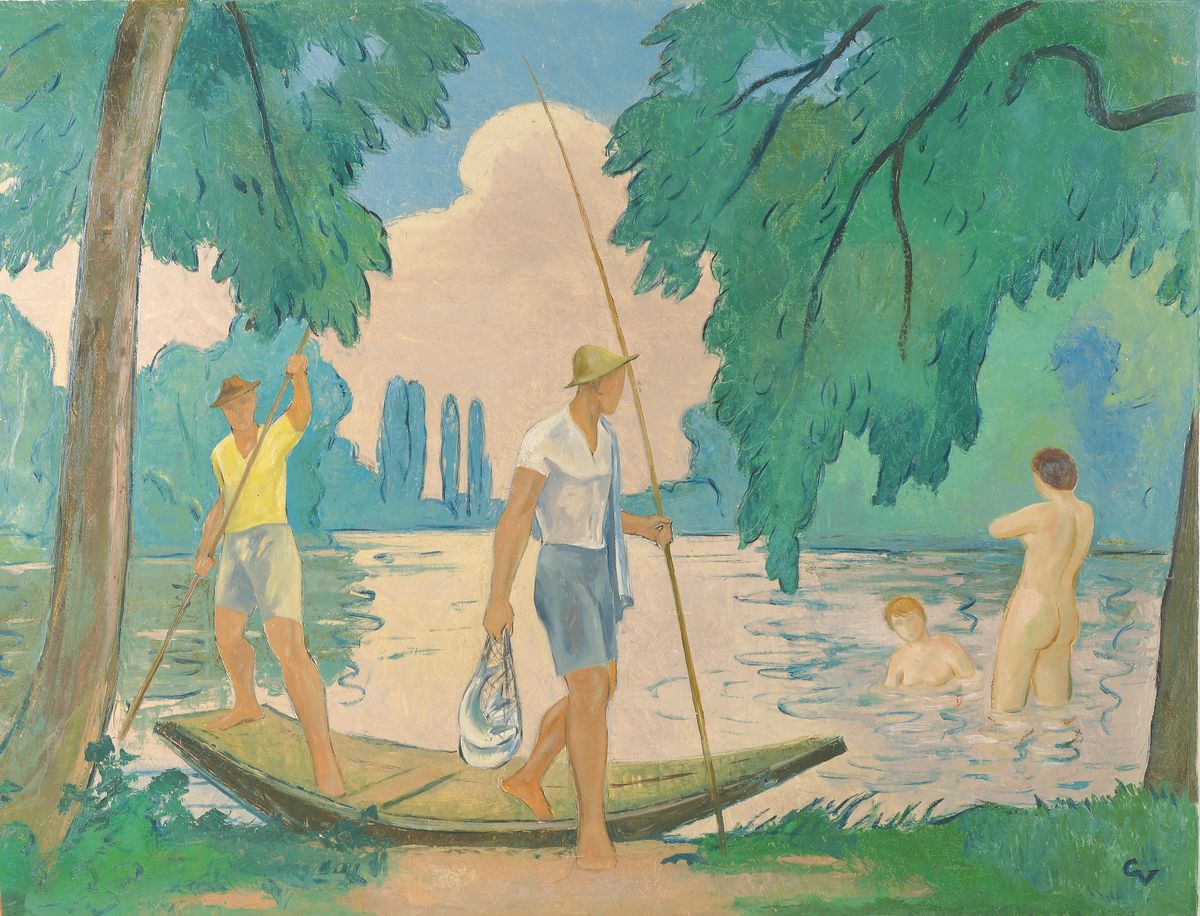 Georg Vorhauer, 1903 Paris-1981 Neustadt, Angler und Badende am Altrhein, Öl/Hartfaser, rechts unten monogr., rückseitig signiert, ca. 125x160cm