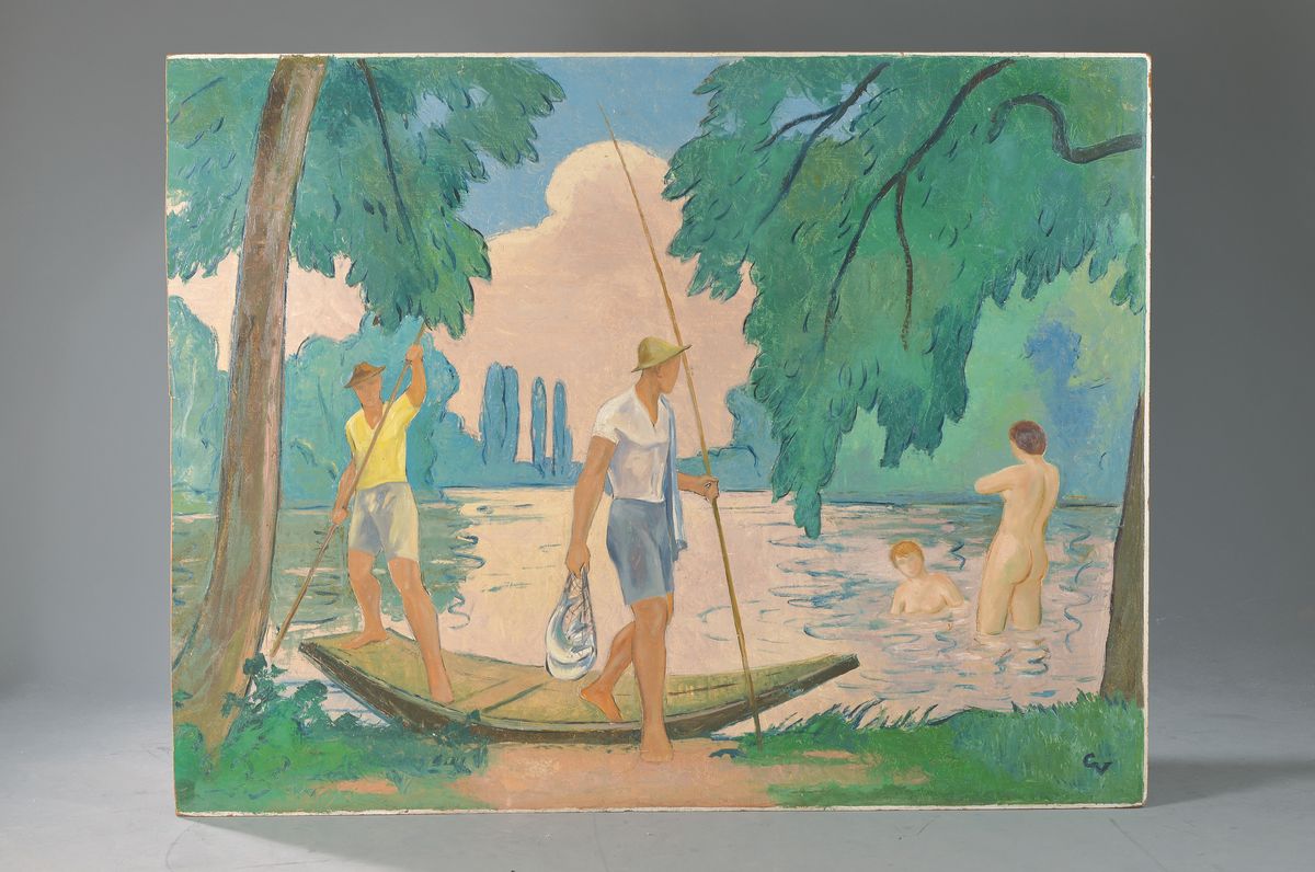 Detail k: Georg Vorhauer, 1903 Paris-1981 Neustadt, Angler und Badende am Altrhein, Öl/Hartfaser, rechts unten monogr., rückseitig signiert, ca. 125x160cm