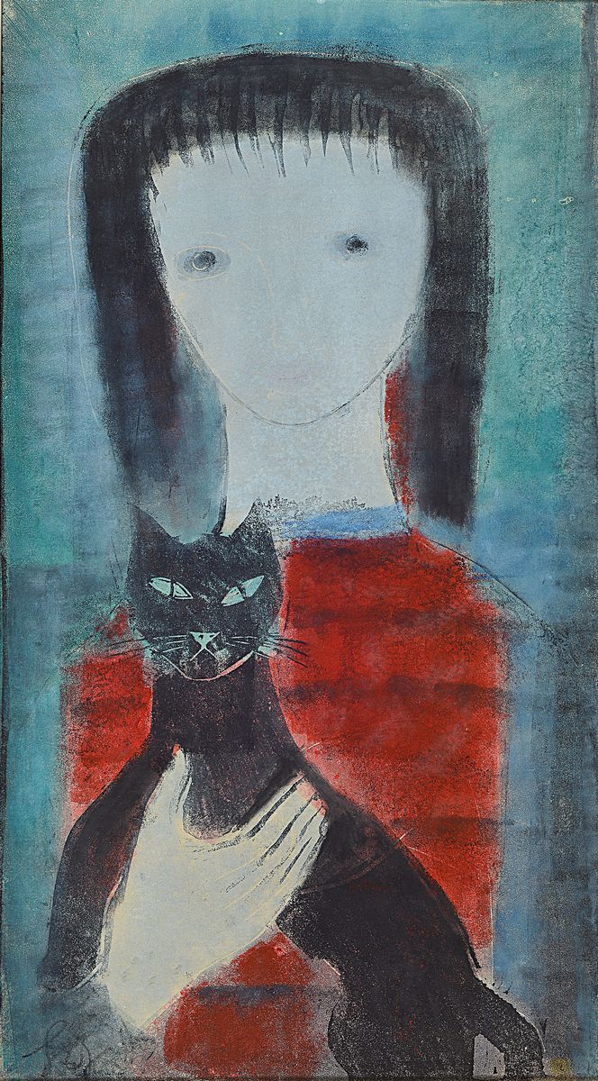 Hilde Greller, 1906 - 2000, war ansässig in Kaiserlautern, junge Frau mit Katze, Mischtechnik, li. u. signiert, ca. 68 x 37 cm unter Glas, Rahmen