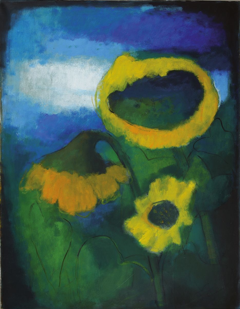 Hilde Greller, 1906 - 2000, war ansässig in Kaiserslautern, Landschaft mit Sonnenblumen, Öl/Lwd, li. unten signiert, ca. 90 x 702 cm, unter Glas, ...