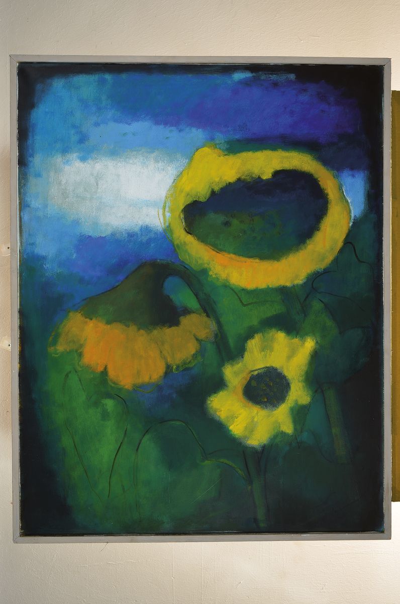 Detail k: Hilde Greller, 1906 - 2000, war ansässig in Kaiserslautern, Landschaft mit Sonnenblumen, Öl/Lwd, li. unten signiert, ca. 90 x 702 cm, unter Glas, ...
