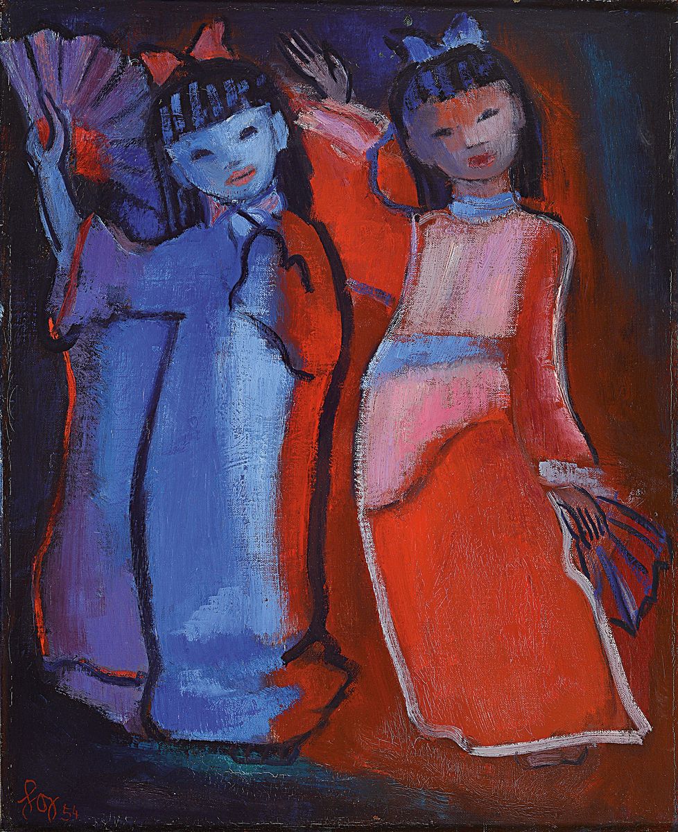 Hilde Greller, 1906 - 2000, war ansässig in Kaiserlautern, zwei asiatische Mädchen mit Fächer, Öl/Lwd, signiert und dat. 54, 55 x 45 cm, Rahmen: ...