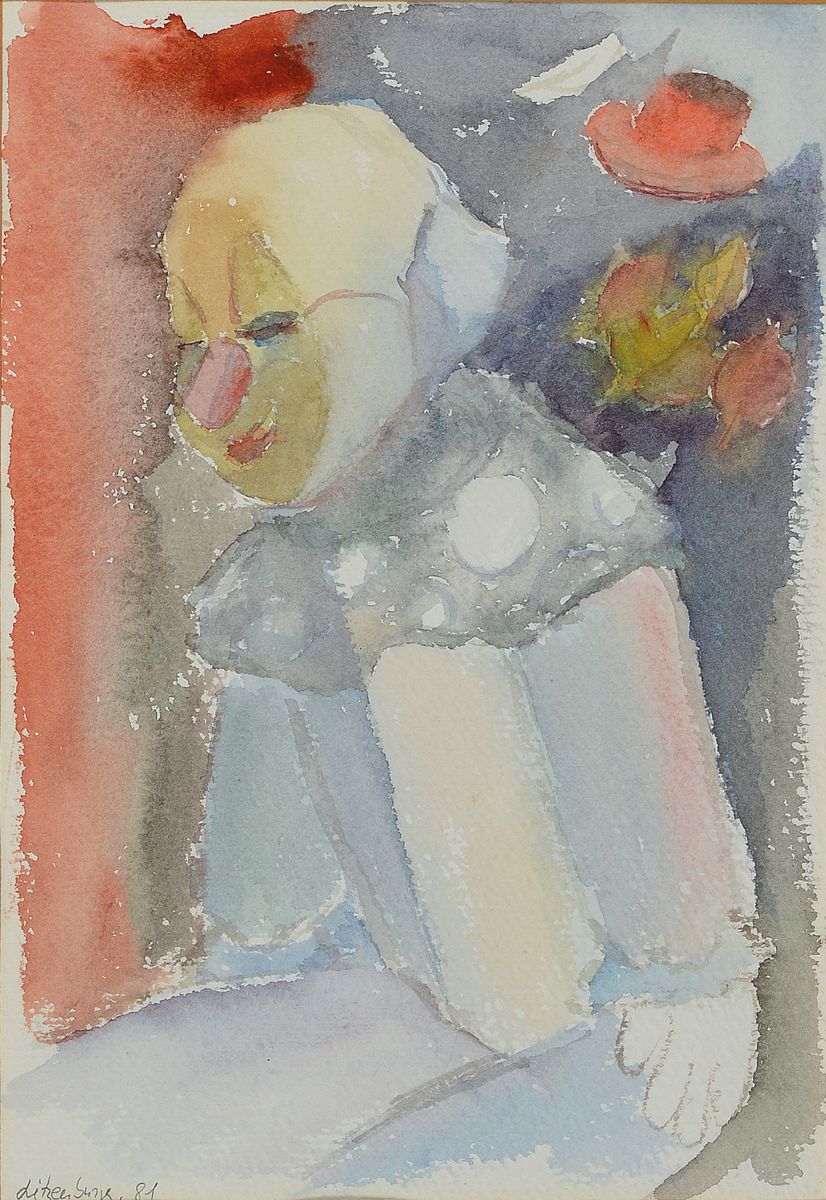 Charlotte Litzenburger, geb. 1949 Kaiserslautern, drei Aquarelle und ein Ölgemälde, Ölgemälde: liegende Harlekinpuppe bei Mondschein, Öl/Lwd., ...