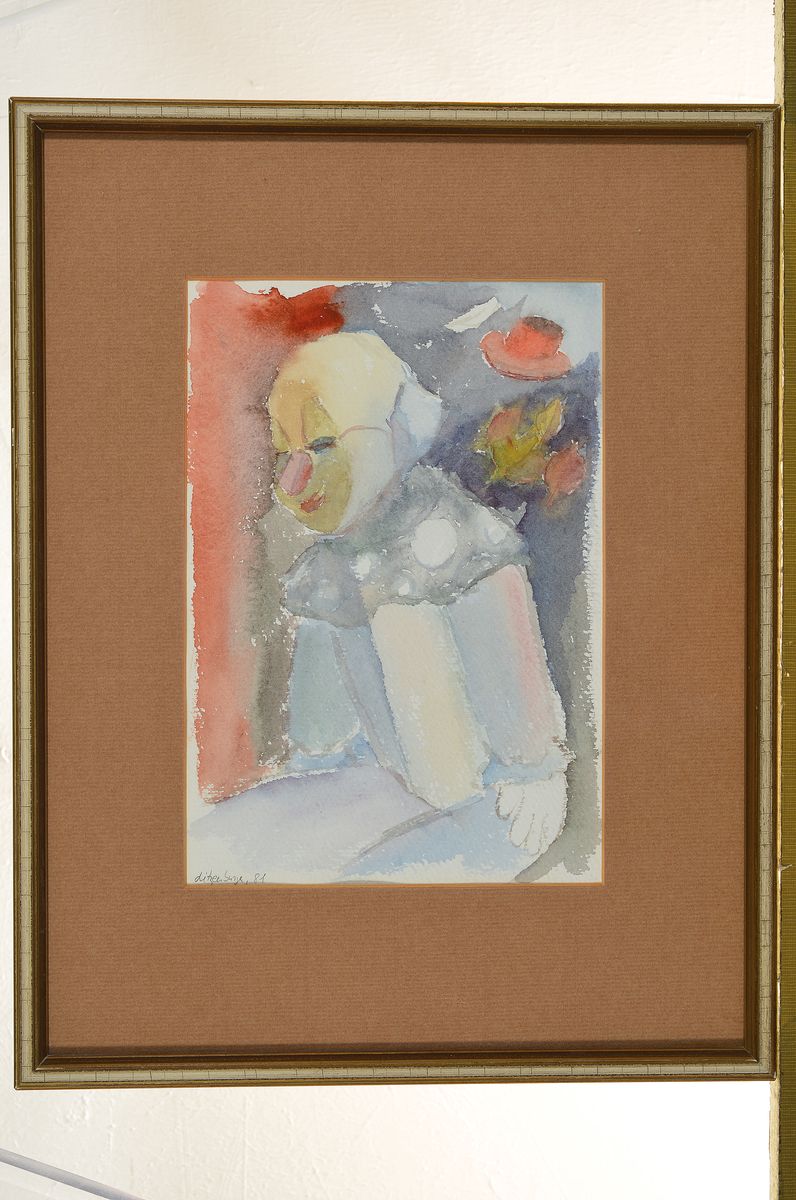 Detail k: Charlotte Litzenburger, geb. 1949 Kaiserslautern, drei Aquarelle und ein Ölgemälde, Ölgemälde: liegende Harlekinpuppe bei Mondschein, Öl/Lwd., ...