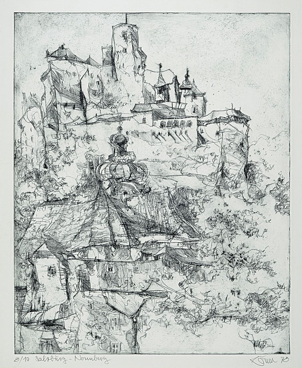 Horst Römer, Prof., 1929-2008, hessischer Architekt und Künstler, drei Zeichnungen und fünf Radierungen, Landschafts- und Städteansichten, alle ...