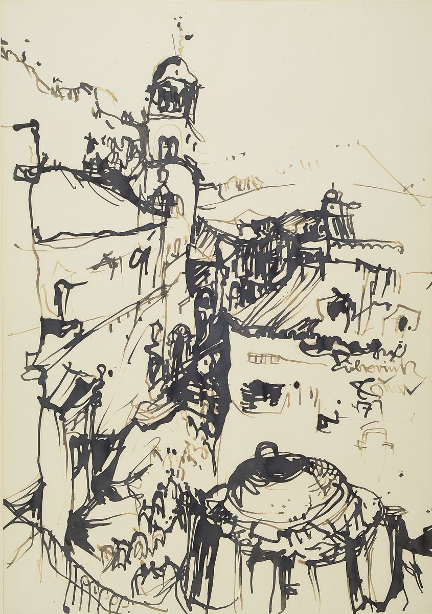 Detail a: Horst Römer, Prof., 1929-2008, hessischer Architekt und Künstler, drei Zeichnungen und fünf Radierungen, Landschafts- und Städteansichten, alle ...