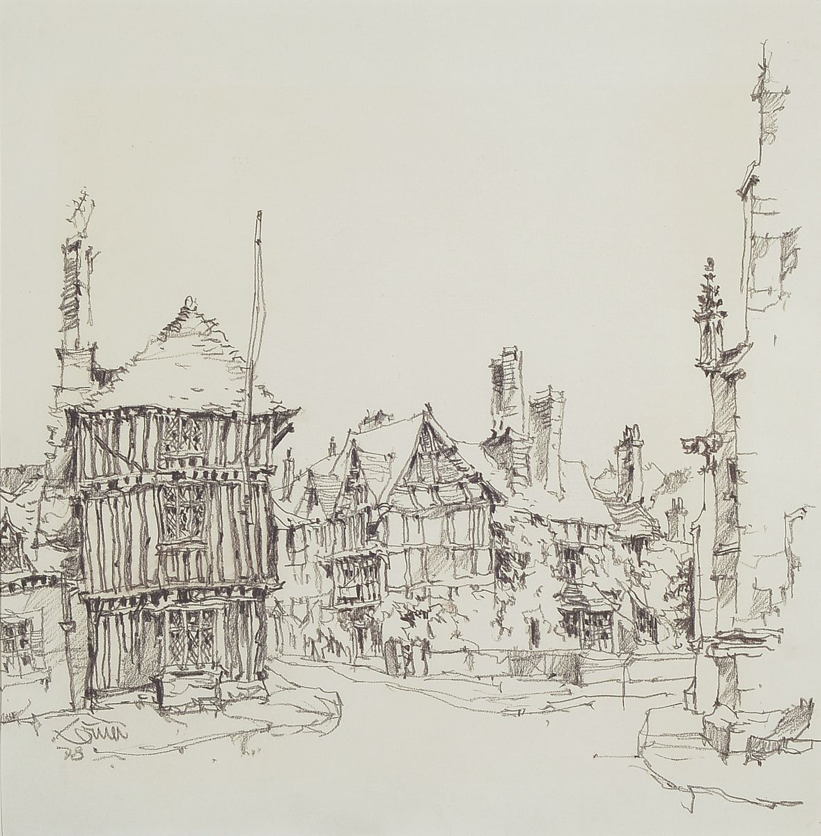 Detail b: Horst Römer, Prof., 1929-2008, hessischer Architekt und Künstler, drei Zeichnungen und fünf Radierungen, Landschafts- und Städteansichten, alle ...