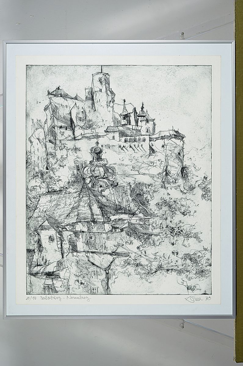 Detail k: Horst Römer, Prof., 1929-2008, hessischer Architekt und Künstler, drei Zeichnungen und fünf Radierungen, Landschafts- und Städteansichten, alle ...