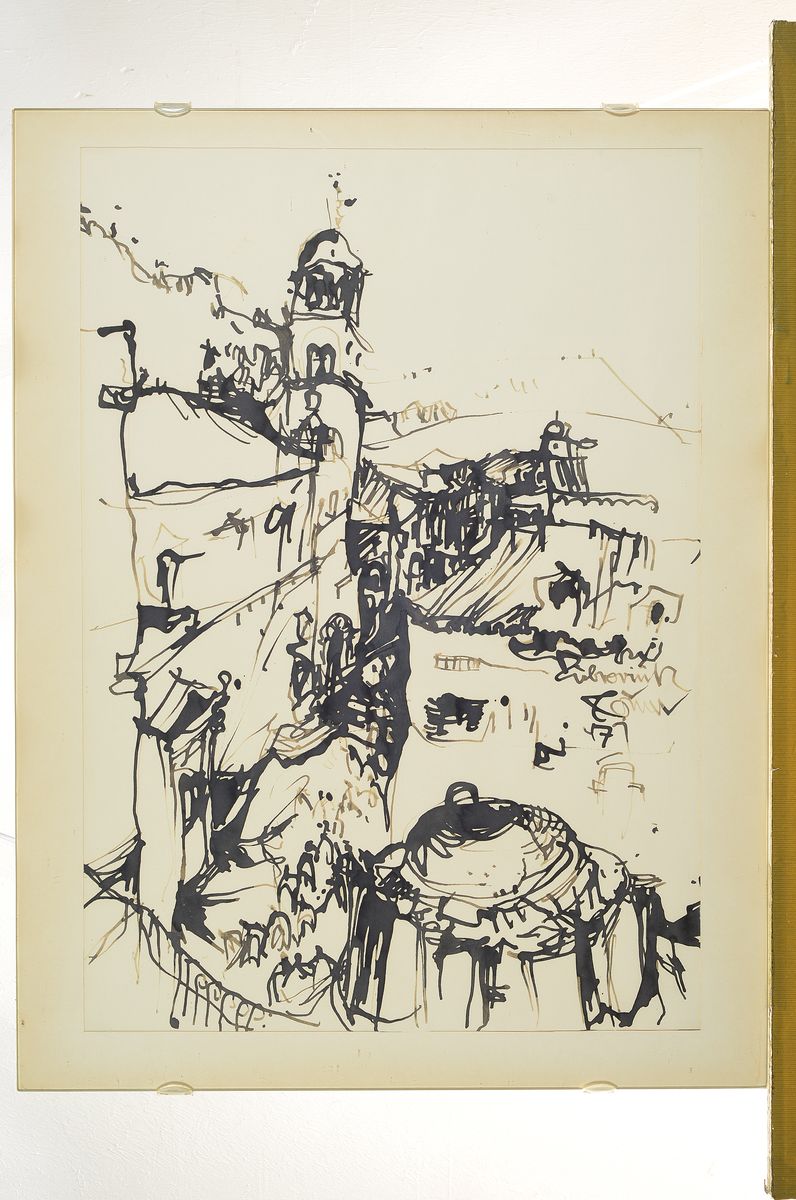 Detail l: Horst Römer, Prof., 1929-2008, hessischer Architekt und Künstler, drei Zeichnungen und fünf Radierungen, Landschafts- und Städteansichten, alle ...
