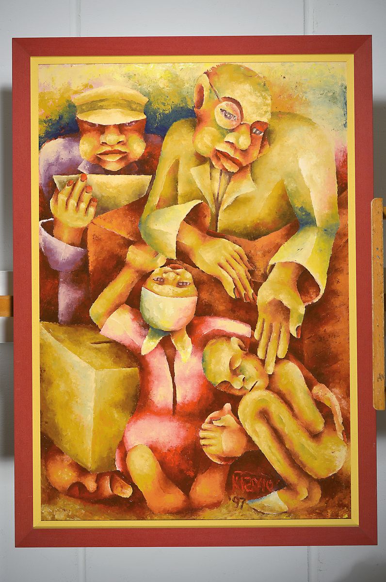 Detail k: Sebastian Kiarie, geb. 1971, zeitgenössischer Künstler aus Kenia, "Accused" (Angeklagt), betitelt und nochmals signiert, Öl/Lwd., ...