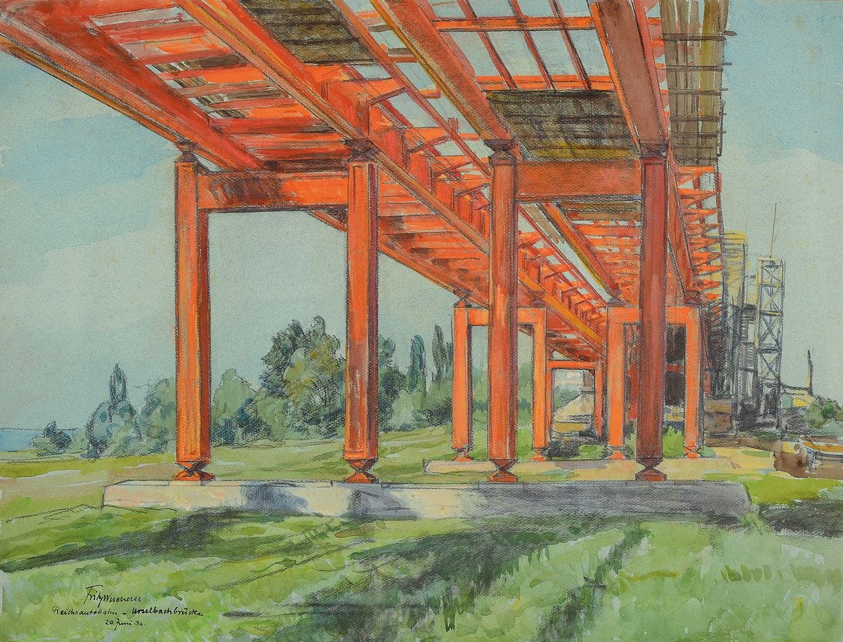 Fritz Wucherer, 1973 Basel - 1948, Kronberg, Reichsautobahn - Urselbachbrücke, 20 Juni 36,Mischtechnik aus Aquarell und Kreide, li. unten signiert ...