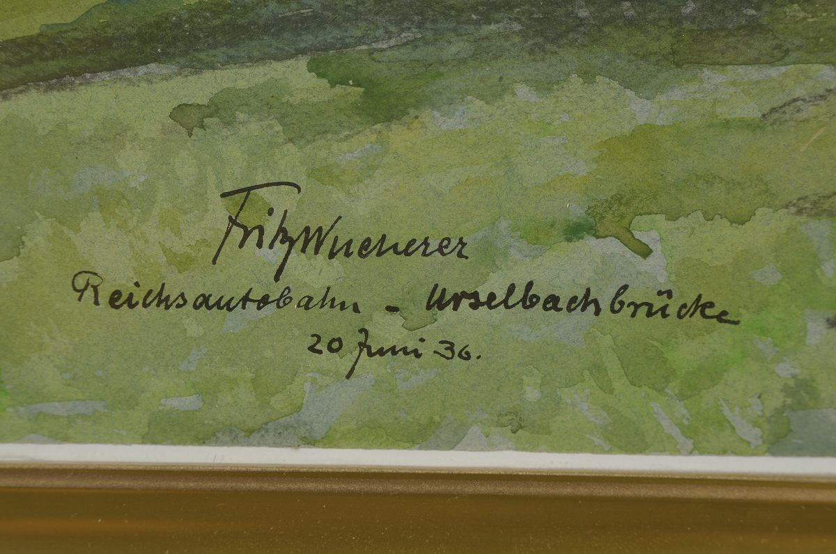 Detail a: Fritz Wucherer, 1973 Basel - 1948, Kronberg, Reichsautobahn - Urselbachbrücke, 20 Juni 36,Mischtechnik aus Aquarell und Kreide, li. unten signiert ...