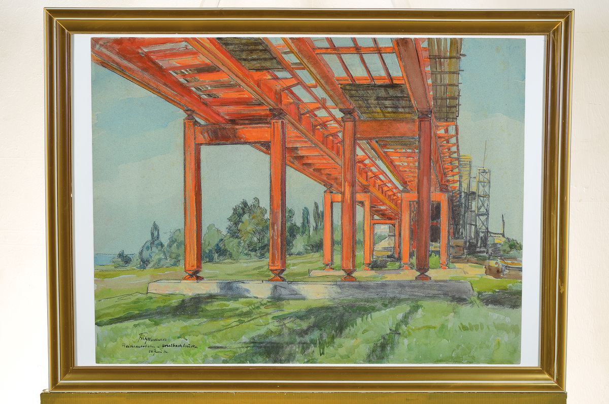 Detail k: Fritz Wucherer, 1973 Basel - 1948, Kronberg, Reichsautobahn - Urselbachbrücke, 20 Juni 36,Mischtechnik aus Aquarell und Kreide, li. unten signiert ...