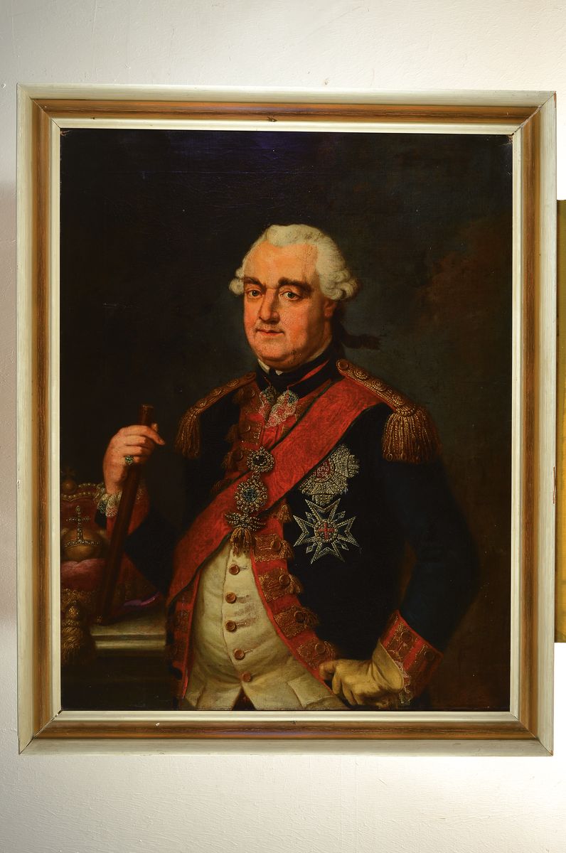Detail k: Unbekannter Künstler, deutsch, um 1790, Dreiviertelporträt des Kurfürsten Karl Theodor von der Pfalz, mit u.a. dem Orden vom Goldenen Vliess, in ...
