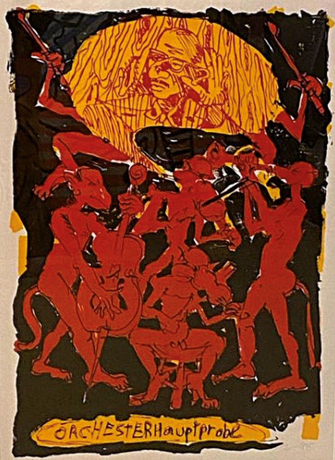 Jörg Immendorf, 1945 Bleckede/Elbe - 2007 Düsseldorf, Litho, Orchesterhauptprobe, num. 29/50, re. u. signiert und dat. 95, ca. Blattmaß: 107 x ...